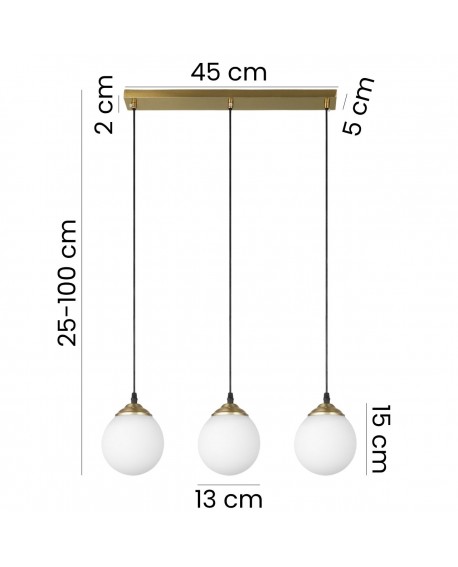 Elegancka lampa Fino W3 w szczotkowanym złocie z mlecznobiałymi kloszami – wymiary: 45 cm szerokości, wysokość regulowana 25–100