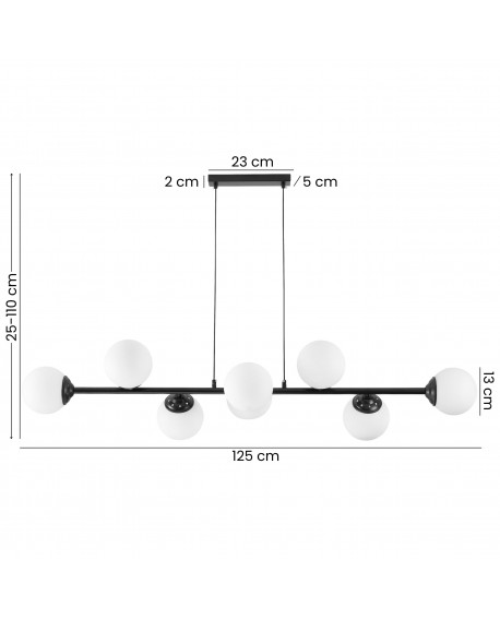 Lampa z okrągłymi kloszami, czarna metalowa konstrukcja z detalami w matowym wykończeniu, z regulowaną wysokością zawieszenia