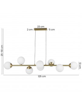 Lampa z okrągłymi kloszami, szczotkowana, złota, metalowa konstrukcja, z regulowaną wysokością zawieszenia