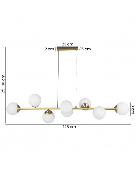 Lampa z okrągłymi kloszami, szczotkowana, złota, metalowa konstrukcja, z regulowaną wysokością zawieszenia