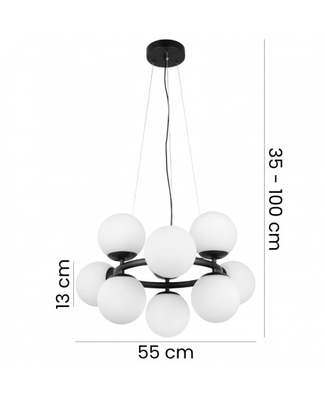 Lampa wisząca z 9 kulistymi kloszami z mlecznego szkła na czarnym stelażu, regulowana wysokość 35-100 cm