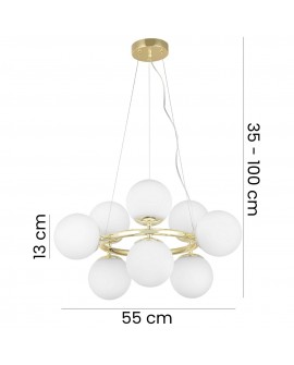 Lampa wisząca z 9 kulistymi kloszami z mlecznego szkła na złotym stelażu, regulowana wysokość 35-100 cm