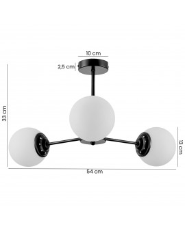 Nowoczesna lampa sufitowa z trzema kulistymi kloszami, czarny stelaż, idealna do stylowych przestrzeni.