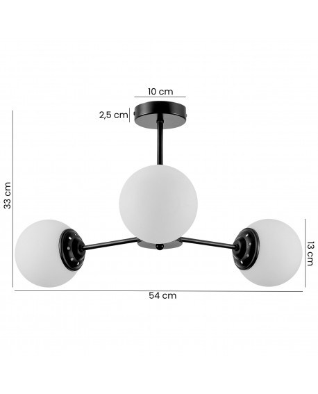 Nowoczesna lampa sufitowa z trzema kulistymi kloszami, czarny stelaż, idealna do stylowych przestrzeni.
