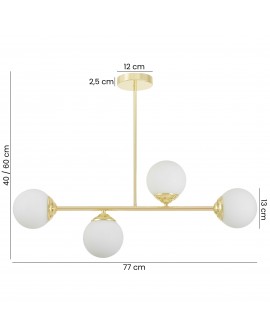 Lampa z 4 kulistymi kloszami, złote wykończenie, eleganckie mocowanie, regulowana wysokość 40–60 cm, minimalistyczny design.