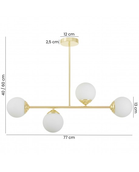 Lampa z 4 kulistymi kloszami, złote wykończenie, eleganckie mocowanie, regulowana wysokość 40–60 cm, minimalistyczny design.