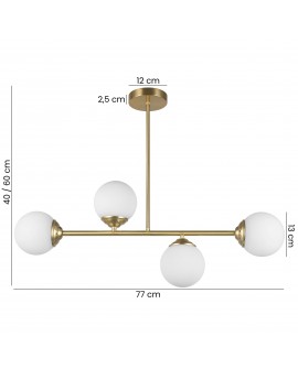 Lampa z kulistymi kloszami, szczotkowane złote wykończenie, regulowana wysokość 40–60 cm, minimalistyczny design.