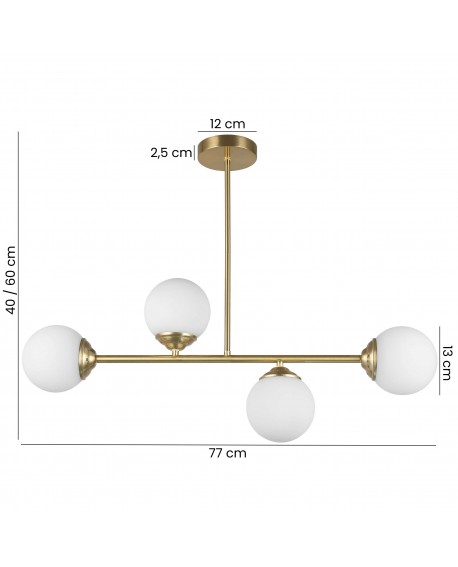 Lampa z kulistymi kloszami, szczotkowane złote wykończenie, regulowana wysokość 40–60 cm, minimalistyczny design.