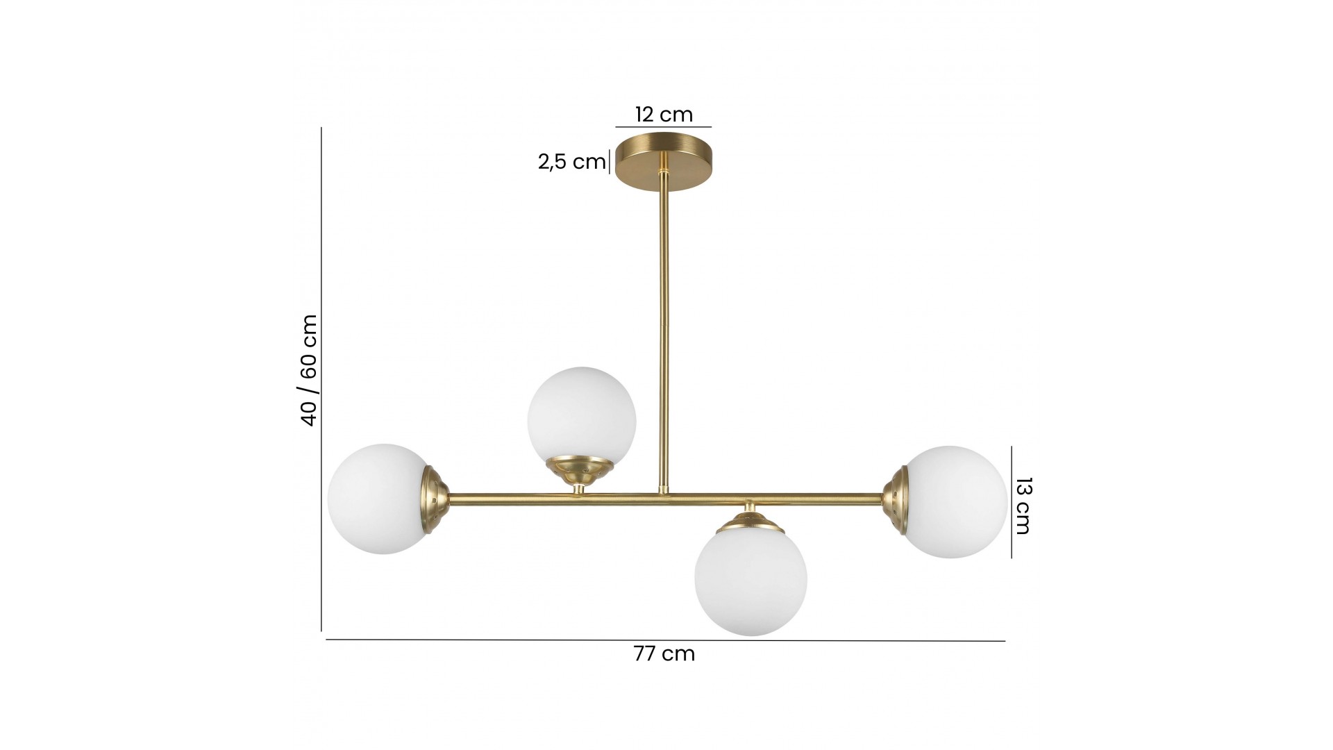 Lampa z kulistymi kloszami, szczotkowane złote wykończenie, regulowana wysokość 40–60 cm, minimalistyczny design.