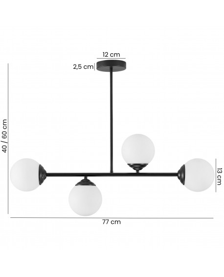 Lampa z 4 kulistymi kloszami, czarne wykończenie, eleganckie mocowanie, regulowana wysokość 40–60 cm, minimalistyczny design.