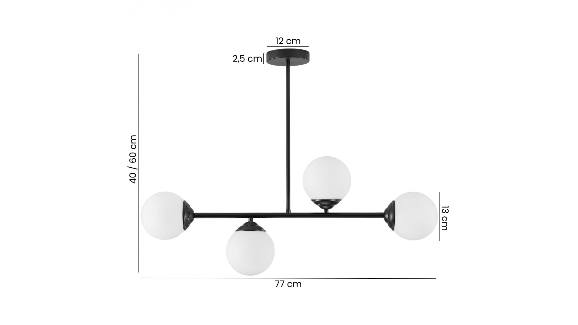 Lampa z 4 kulistymi kloszami, czarne wykończenie, eleganckie mocowanie, regulowana wysokość 40–60 cm, minimalistyczny design.