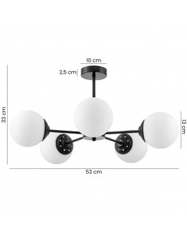 Czarna lampa sufitowa z czterema matowymi kulistymi kloszami i smukłymi ramionami