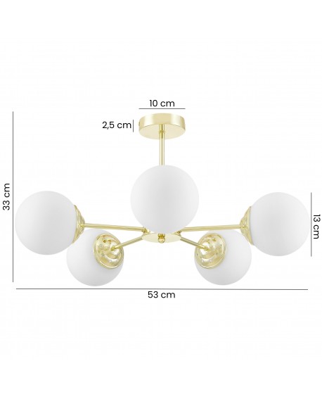 Złota lampa sufitowa z pięcioma matowymi kloszami kulistymi na symetrycznych ramionach.