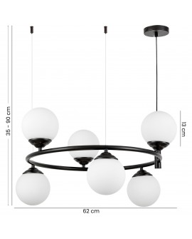 Czarna lampa wisząca z sześcioma matowymi kulami na okręgu, z zaznaczonymi wymiarami 62 cm i 35–90 cm.