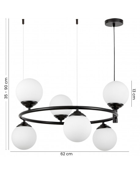 Czarna lampa wisząca z sześcioma matowymi kulami na okręgu, z zaznaczonymi wymiarami 62 cm i 35–90 cm.