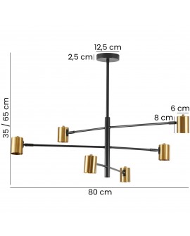 Elegancka i designerska lampa sufitowa z czarną konstrukcją i złotymi cylindrycznymi kloszami, z możliwością regulacji