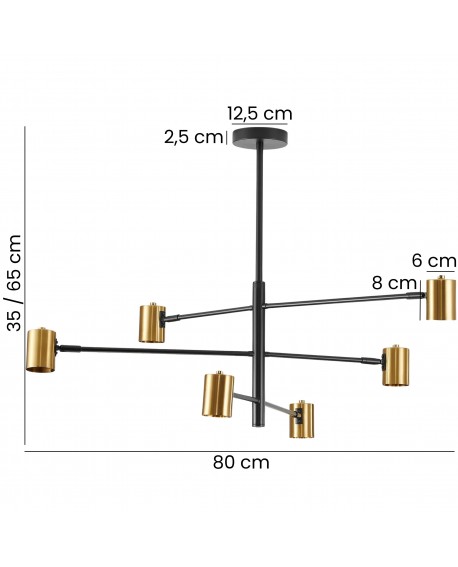 Elegancka i designerska lampa sufitowa z czarną konstrukcją i złotymi cylindrycznymi kloszami, z możliwością regulacji