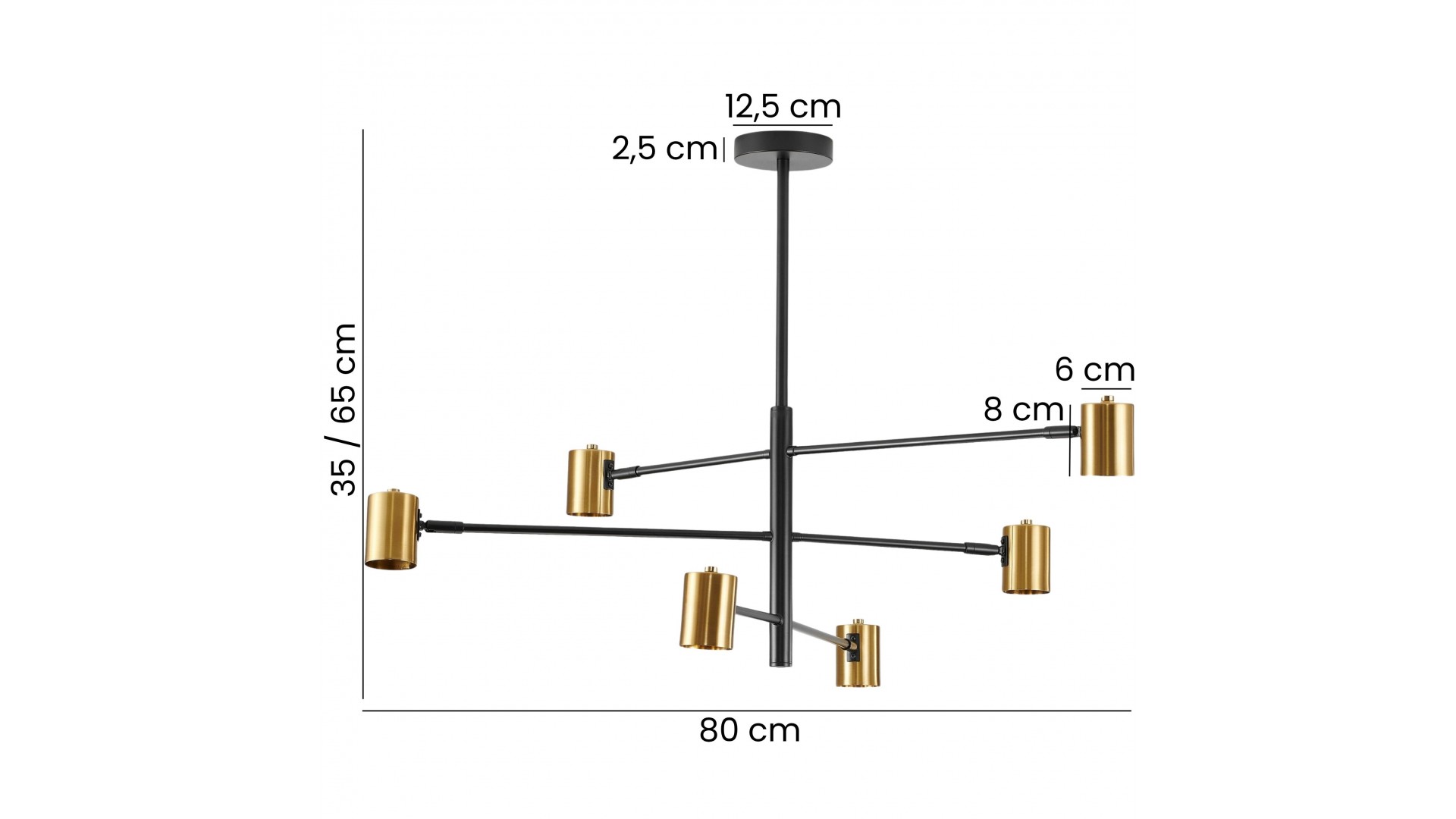 Elegancka i designerska lampa sufitowa z czarną konstrukcją i złotymi cylindrycznymi kloszami, z możliwością regulacji