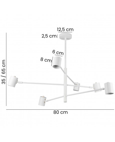 Elegancka i designerska lampa sufitowa z białą konstrukcją i cylindrycznymi kloszami, z możliwością regulacji