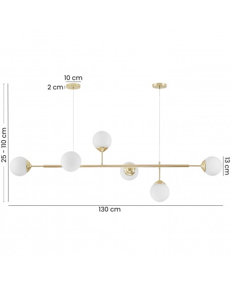 Nowoczesna złota lampa sufitowa z sześcioma matowymi kulistymi kloszami z możliwością regulacji