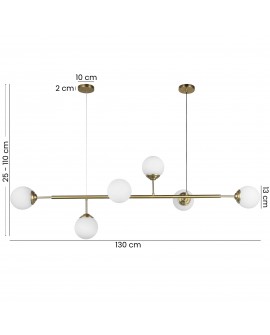 Złota lampa wisząca z 6 białymi kulami, wymiary 130 cm szerokości i 25–110 cm wysokości, nowoczesny design
