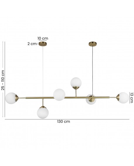 Złota lampa wisząca z 6 białymi kulami, wymiary 130 cm szerokości i 25–110 cm wysokości, nowoczesny design