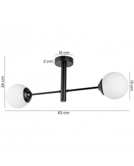Nowoczesna sufitowa lampa z dwoma mlecznymi kulami, czarna konstrukcja, długość 63 cm i wysokość 24 cm.