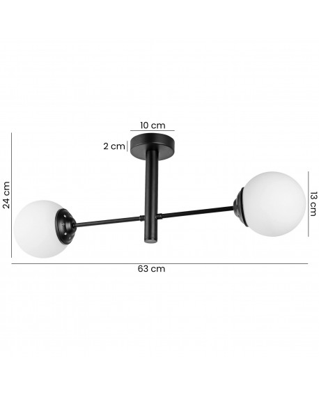 Nowoczesna sufitowa lampa z dwoma mlecznymi kulami, czarna konstrukcja, długość 63 cm i wysokość 24 cm.