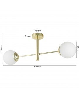 Nowoczesna sufitowa lampa z dwoma mlecznymi kulami, złota konstrukcja, długość 63 cm i wysokość 24 cm.