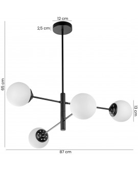 Wymiary czarnej lampy wiszącej z czterema białymi kulami – nowoczesna lampa 87×65 cm z podsufitką 12 cm