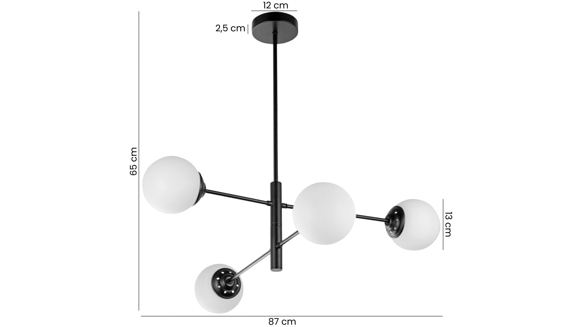 Wymiary czarnej lampy wiszącej z czterema białymi kulami – nowoczesna lampa 87×65 cm z podsufitką 12 cm