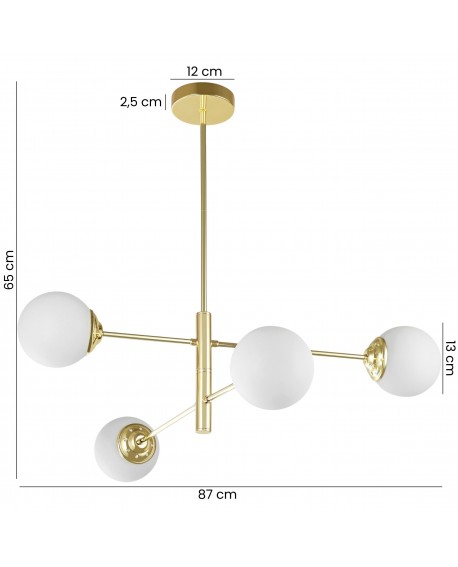 Wymiary złotej lampy wiszącej z czterema białymi kulami – nowoczesna lampa 87×65 cm z podsufitką 12 cm