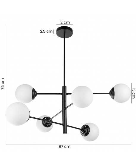 Czarna lampa wisząca FINO 6 z sześcioma kulami – wymiary: 87 cm szerokości, 75 cm wysokości, podsufitka 12 cm.