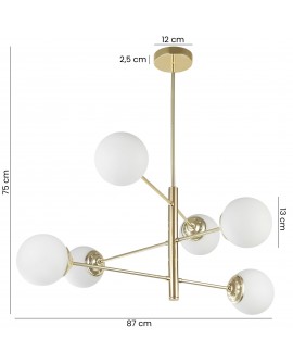 Złota lampa wisząca z sześcioma białymi kloszami przedstawiona z wymiarami: 75 cm wysokości i 87 cm szerokości.