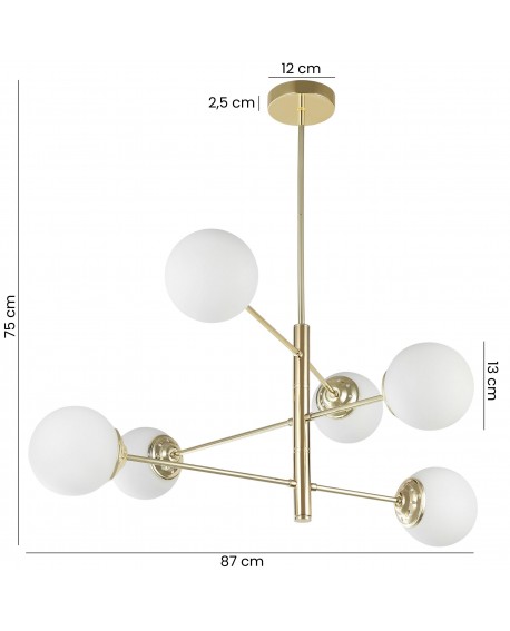 Złota lampa wisząca z sześcioma białymi kloszami przedstawiona z wymiarami: 75 cm wysokości i 87 cm szerokości.