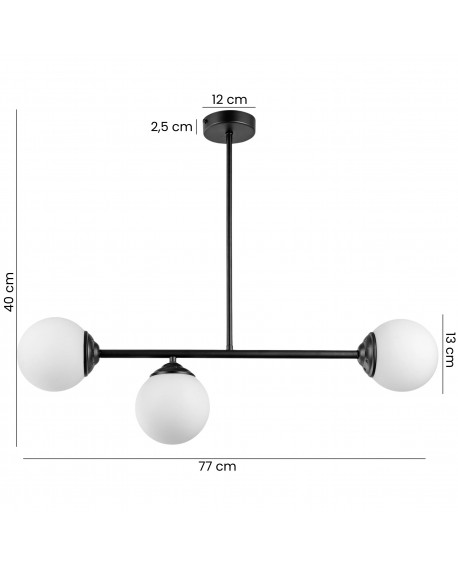  Czarna lampa wisząca FINO 3 z trzema kulami – wymiary: 77 cm szerokości, 40 cm wysokości, podsufitka 12 cm.