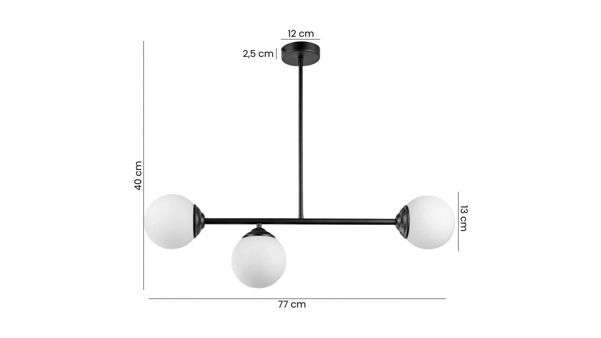  Czarna lampa wisząca FINO 3 z trzema kulami – wymiary: 77 cm szerokości, 40 cm wysokości, podsufitka 12 cm.
