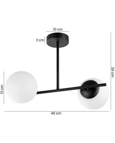 Wymiary nowoczesnej czarnej lampy sufitowej z dwoma mlecznobiałymi kloszami w stylu minimalistycznym i modern loft.