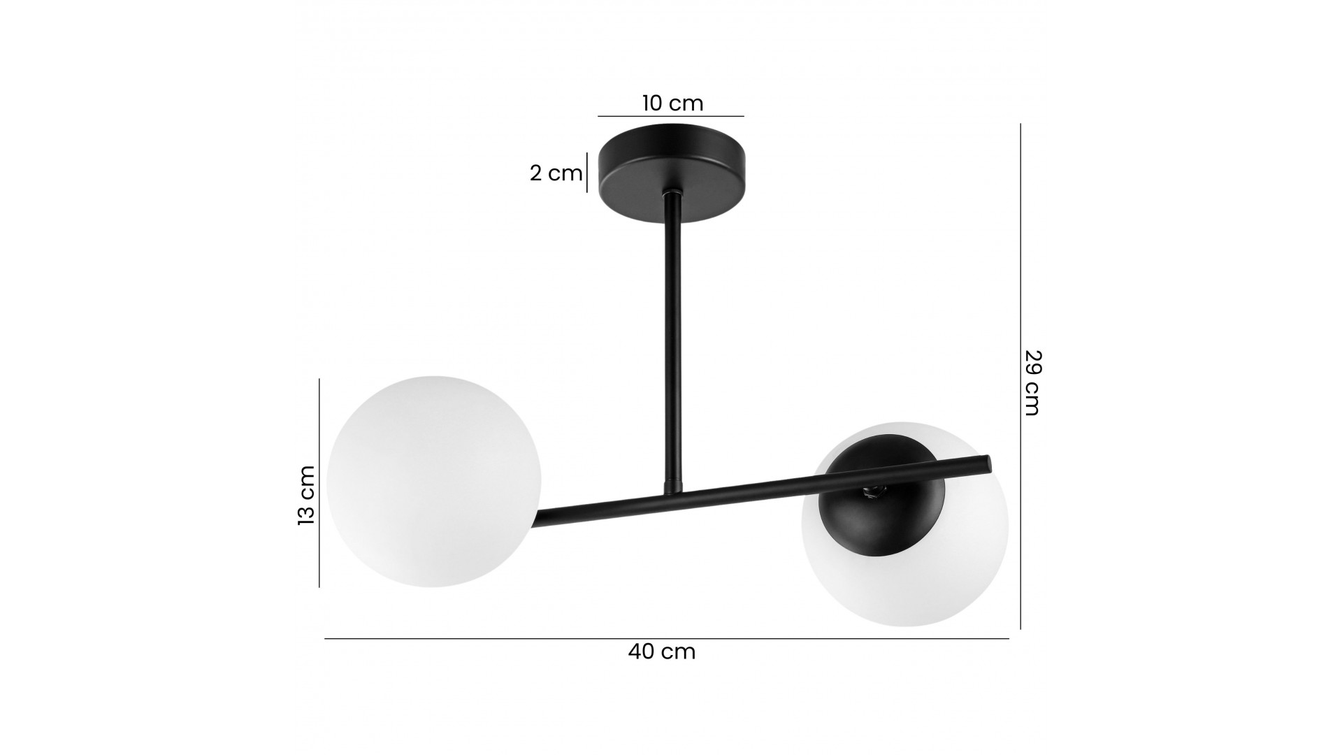 Wymiary nowoczesnej czarnej lampy sufitowej z dwoma mlecznobiałymi kloszami w stylu minimalistycznym i modern loft.
