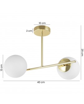 Złota lampa sufitowa z dwoma mlecznymi kloszami w stylu nowoczesnym o szerokości 40 cm