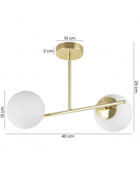 Złota lampa sufitowa z dwoma mlecznymi kloszami w stylu nowoczesnym o szerokości 40 cm