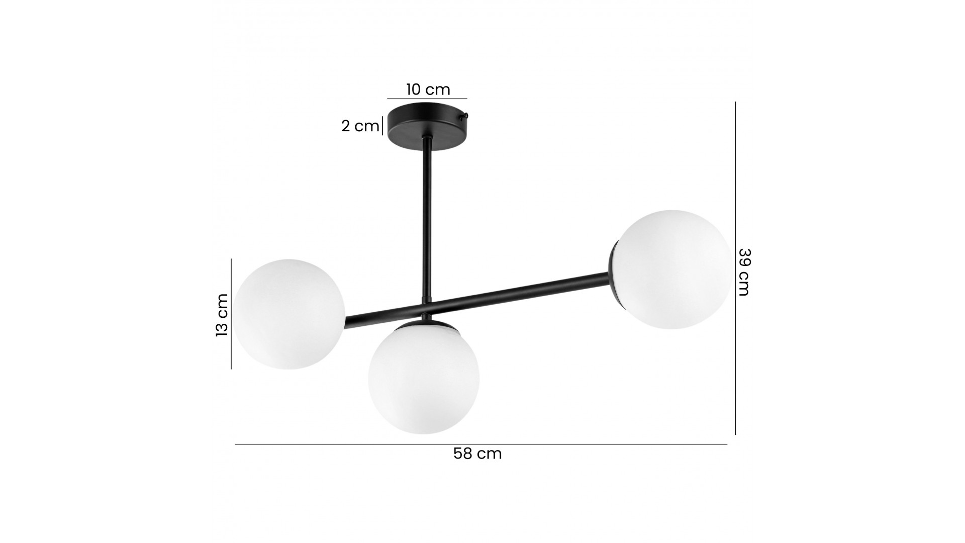Czarna nowoczesna lampa sufitowa z trzema mlecznobiałymi kulami o szerokości 58 cm