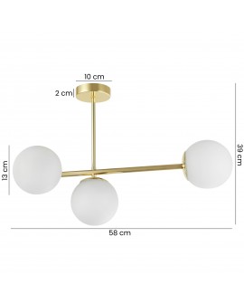 Złota lampa sufitowa z trzema matowymi kloszami o szerokości 58cm i wysokości 39cm.