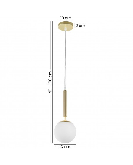 Złota lampa wisząca z mleczną kulą, regulowana wysokość 40–100 cm, nowoczesna lampa sufitowa