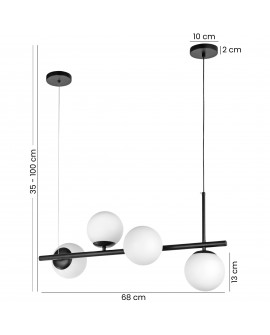 Czarna lampa wisząca z czterema kloszami i poziomą belką – z możliwością regulacji wysokości lampy