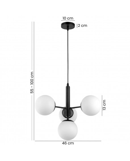 Czarna lampa wisząca z mlecznymi kloszami – nowoczesna lampa sufitowa do salonu i jadalni z możliwością regulacji wysokości