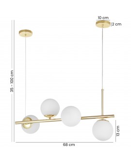 Złota lampa wisząca z czterema kulami z mlecznego szkła, nowoczesna oprawa nad wyspę kuchenną, regulowana wysokość.