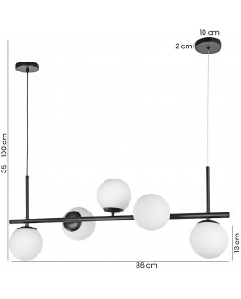 Nowoczesna czarna lampa wisząca z pięcioma kulistymi kloszami – wymiary 86 cm i regulowana wysokość 35–100 cm