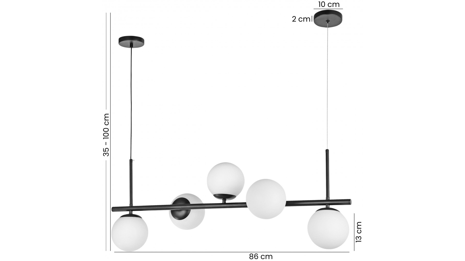 Nowoczesna czarna lampa wisząca z pięcioma kulistymi kloszami – wymiary 86 cm i regulowana wysokość 35–100 cm