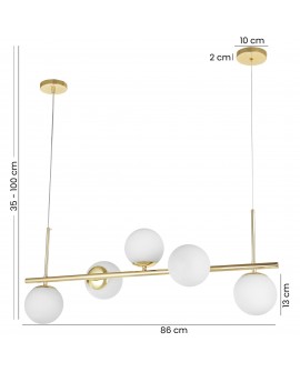 Nowoczesna złota lampa wisząca z pięcioma kulistymi kloszami – wymiary 86 cm i regulowana wysokość 35–100 cm